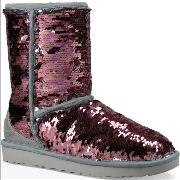 UGG Women Classic Short Sequin Sparkle Boots Silver Pink Reversible Size 6  7 8 9